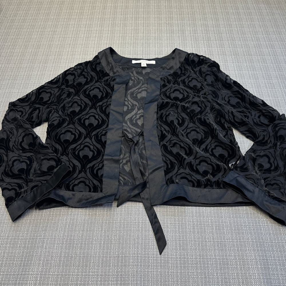 Velvet Burnout Boho Tie Front Jacket Medium Silk Blend Black Sheer Kimono Gothic